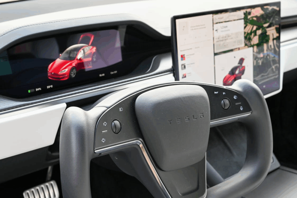 Car interior showing over-the-air software updates and digital vehicle features.